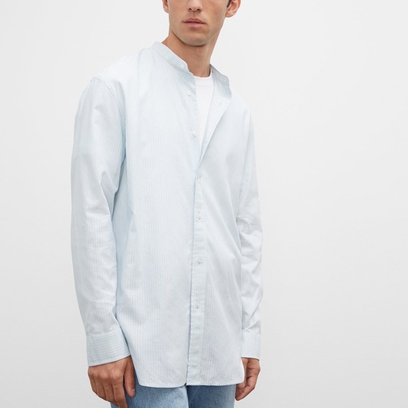 Long Sleeve Band Collar Relaxed Shirt - New With Tags - NEVER WORN - Blue Stripe